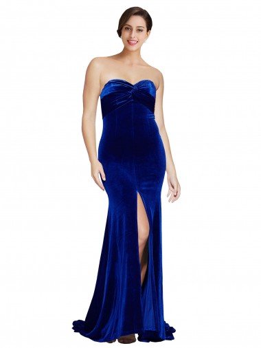 Strapless Ruched Formal Velvet Bridesmaid Dress / Prom Dress with Sweep Train and Front Slit Bristol
