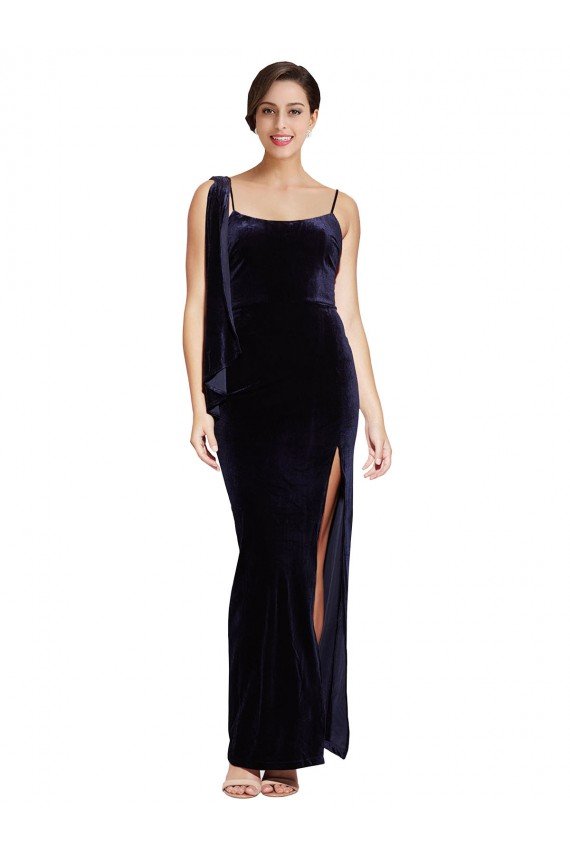 Long Formal Velvet Bridesmaid Dress / Prom Dress with Side Thigh Split and Shoulder Tie Bristol