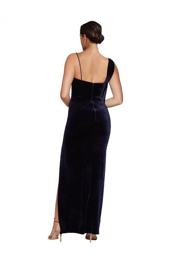 Long Formal Velvet Bridesmaid Dress / Prom Dress with Side Thigh Split and Shoulder Tie Bristol