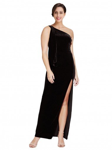 One Shoulder Long Formal Velvet Bridesmaid Dress / Prom Dress with Side Split and Shoulder Tie Bristol