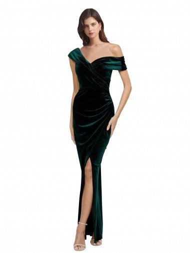 Long Asymmetric Neckline Ruched Formal Velvet Bridesmaid Dress / Prom Dress Bristol