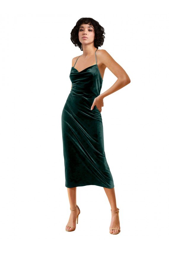 Midi Cocktail Length Sleek Cowl Neckline Short Formal Velvet Bridesmaid Dress / Prom Dress Bristol