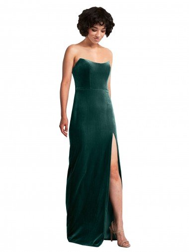 Scooped Strapless Long Formal Velvet Bridesmaid Dress / Prom Dress with Daring Side Slit Bristol
