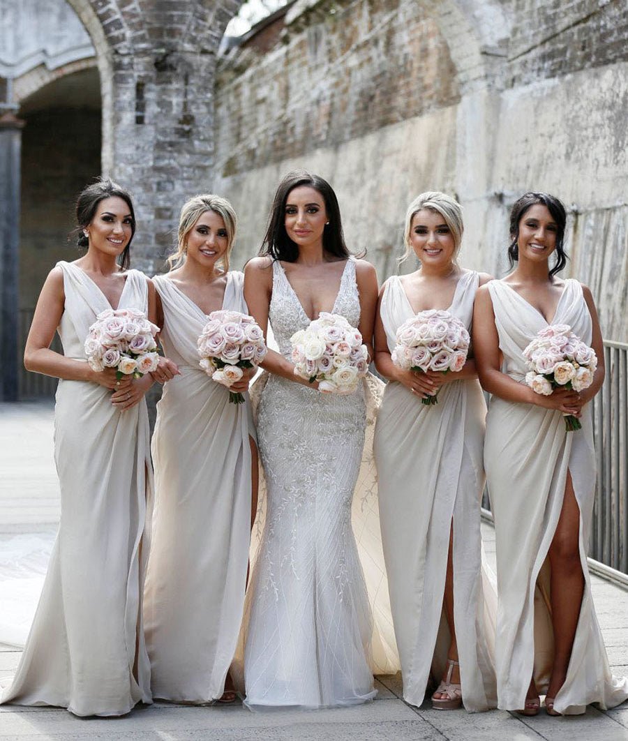 Full Length Luxe Chiffon Long Champagne bridesmaid dresses Bristol with Sexy High Slit and Front Ruffles