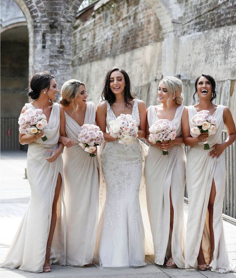 Full Length Luxe Chiffon Long Champagne bridesmaid dresses Bristol with Sexy High Slit and Front Ruffles
