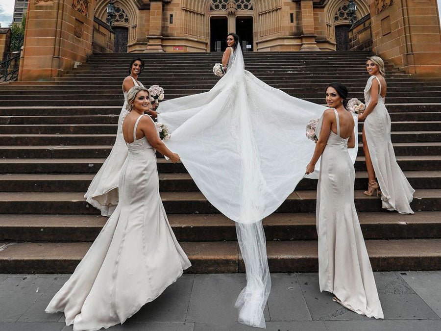 Full Length Luxe Chiffon Long Champagne bridesmaid dresses Bristol with Sexy High Slit and Front Ruffles