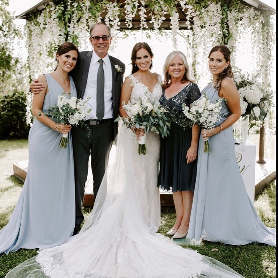 Dusty Blue Full Length Luxe Chiffon Long Champagne bridesmaid dresses Bristol with Sexy High Slit and Front Ruffles