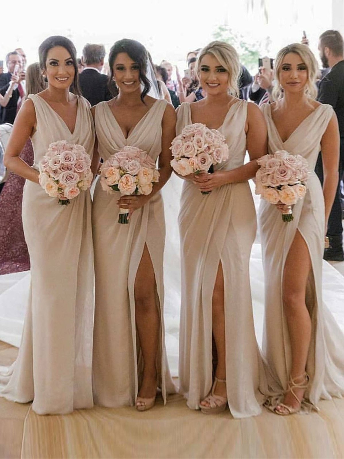 Champagne Full Length Luxe Chiffon Long Champagne bridesmaid dresses Bristol with Sexy High Slit and Front Ruffles